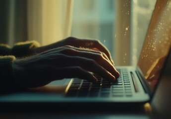 Close up of hands typing on a laptop keyboard, warm golden light illuminates the scene, creating a soft glow on the laptop screen and hands. Laptop is dark gray/silver,  and a person's hands, are