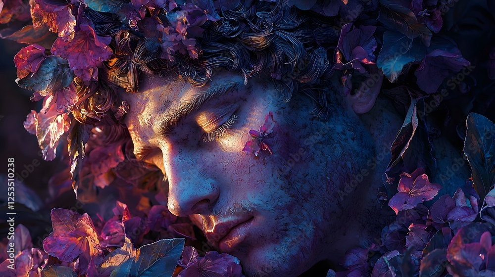 Poster dionysus depicted in sculpture set in mount olympus evoking a melancholic mood illuminated by soft g