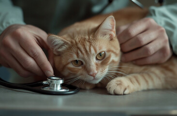close-up of a veterinarian’s hands using a stethoscope on a tabby cat sitting on an examination table