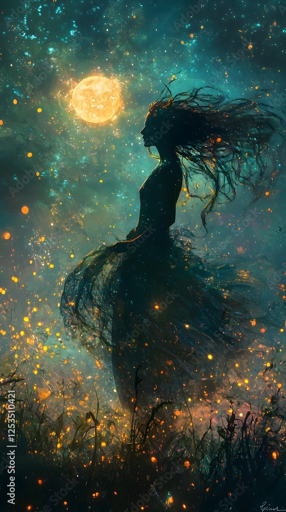 Poster persephone depicted in digital painting set in celestial sky evoking a ethereal mood illuminated by 