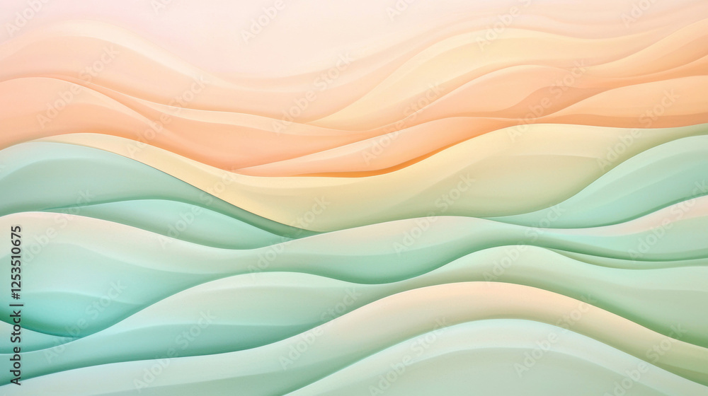 Poster soft pastel waves in gradient hues of peach, cream, and mint green create serene abstract design, ev