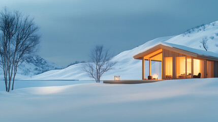 Fototapeta premium Winter cabin retreat at dusk, with soft interior light, snowy mountains in the background. Ideal for travel blogs and real estate marketing