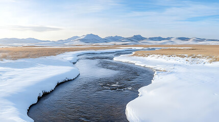 Winter river flows through snowy plain towards distant mountains under a bright sky. Ideal for nature or travel blog or website