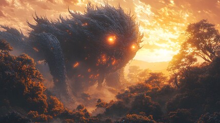 Cyclops depicted in Anime style set in Labyrinth evoking a Melancholic mood illuminated by Golden hour with a Full body hyper-detailed vibrant colors intricate details