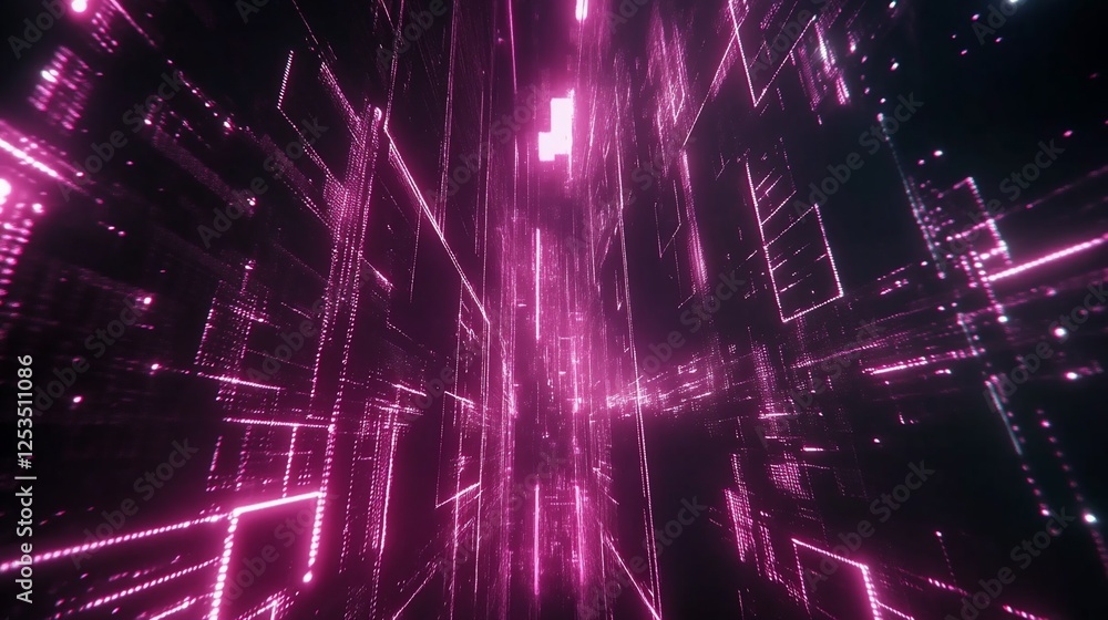 Poster abstract digital futuristic network grid with pink neon lines and glowing particles