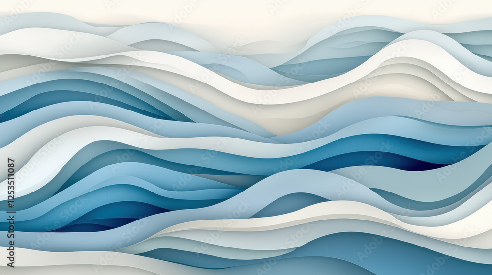 Poster abstract layered waves in shades of blue and white create serene and flowing design, evoking calmnes