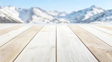 Wood platform for product view with snow mountains backdrop. Promoting goods or ads in nature