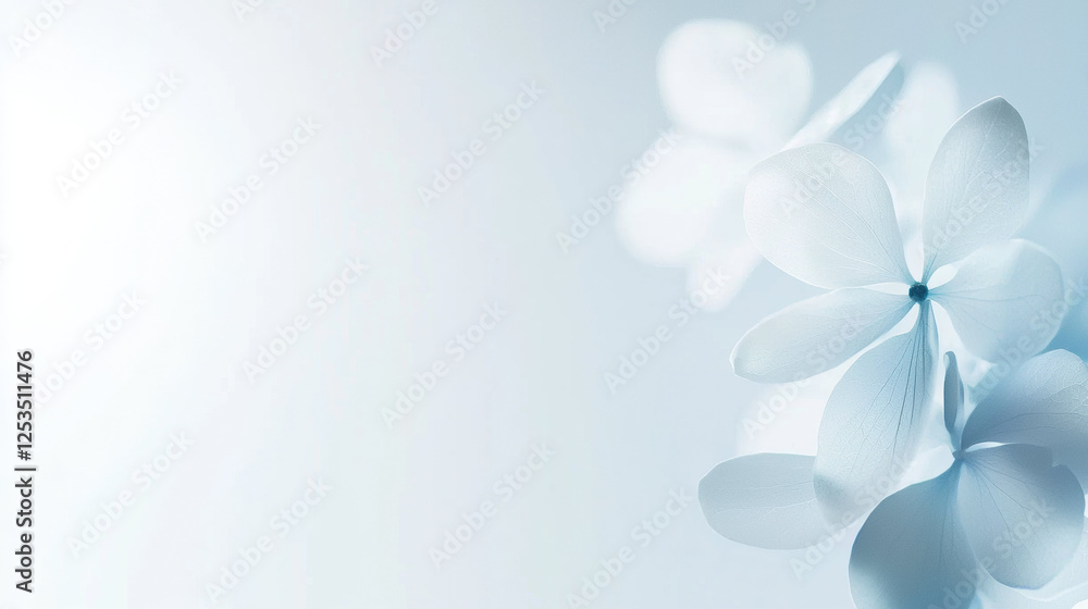 Poster soft white flowers with delicate petals on light blue gradient background, creating serene and tranq