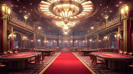 Elegant Gambling Hall with Red Carpet and Golden Arches