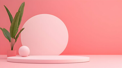 A plant pot displayed on a pink platform with a circle backdrop for product display
