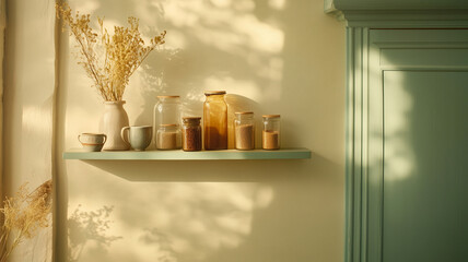 serene kitchen shelf displays various jars filled with grains and spices, complemented by vase of dried flowers. soft light creates warm, inviting atmosphere