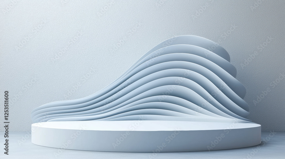 Poster modern abstract design featuring white circular platform with layered, wave like structures in soft gray blue tones against textured background, evoking serene and futuristic ambiance