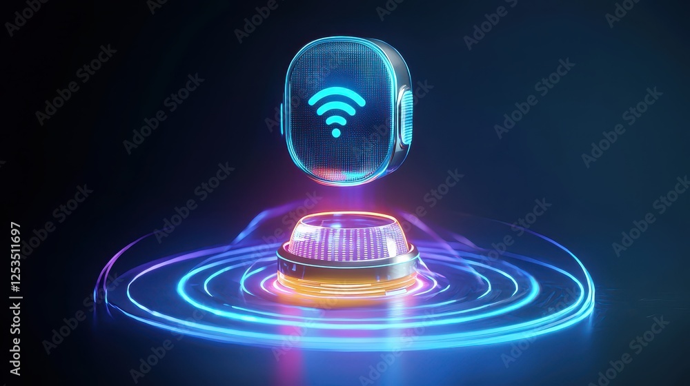 Poster a futuristic voice assistant analyzing speech and adapting responses in real-time, with a glowing mi