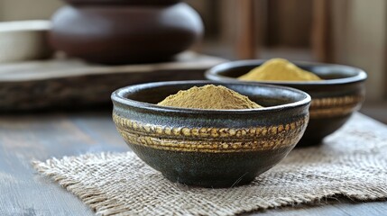 Two bowls filled with spices on a textured surface, showcasing culinary ingredients.
