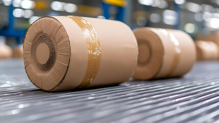 Cardboard rolls on conveyor belt in warehouse
