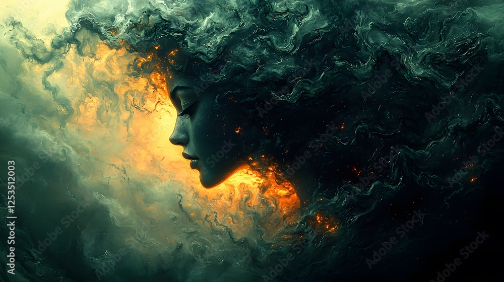 Poster medusa depicted in digital painting set in underworld evoking a serene mood illuminated by overcast 