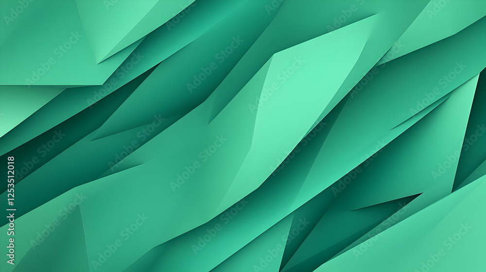 Poster abstract geometric shapes overlap in shades of green, creating depth and dynamic patterns, suitable 