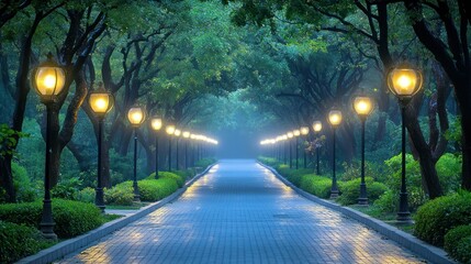 Enchanted Evening Stroll: A Serene Pathway Illuminated by Golden Lights