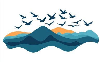 Birds Soar Over Mountains and Water; Sunrise View