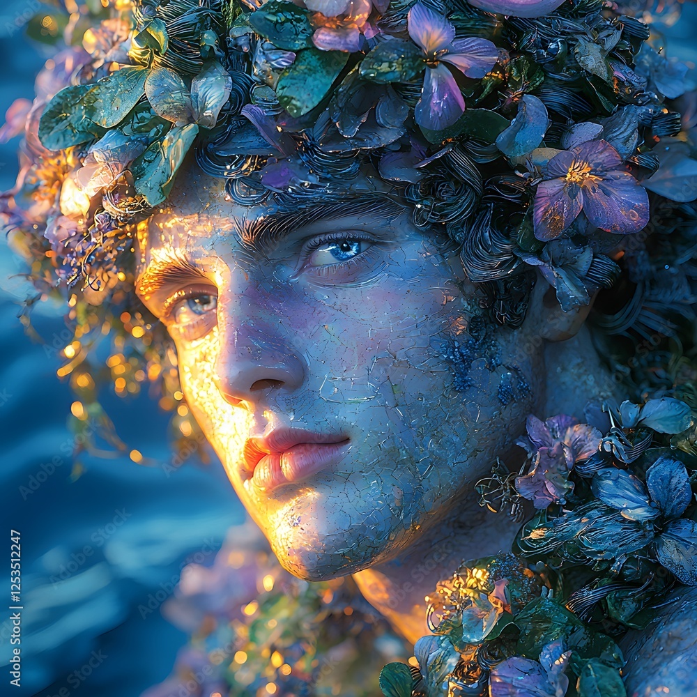 Aufkleber Dionysus depicted in Sculpture set in Deep ocean evoking a Mysterious mood illuminated by Celestial light with a Bird's-eye view hyper-detailed vibrant colors intricate details