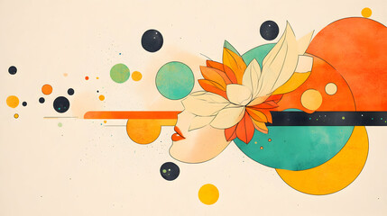 Abstract portrait woman with flower crown against colorful geometric shapes, ideal for artistic design or a creative project background