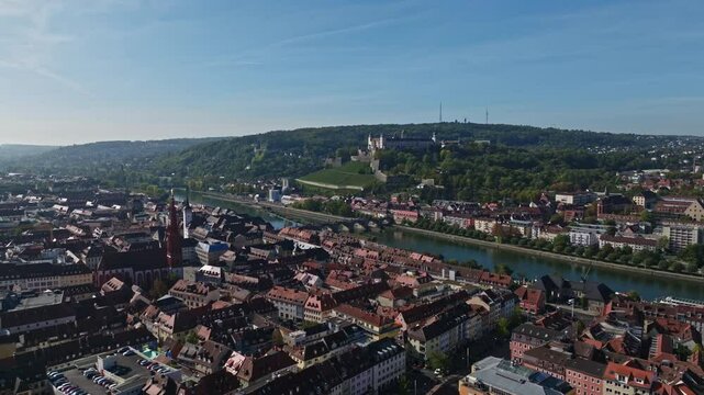 Aerial drone view of the Main River featuring the historic Old Main Bridge (Alte Mainbr&uuml;cke) in W&uuml;rzburg, Germany. 