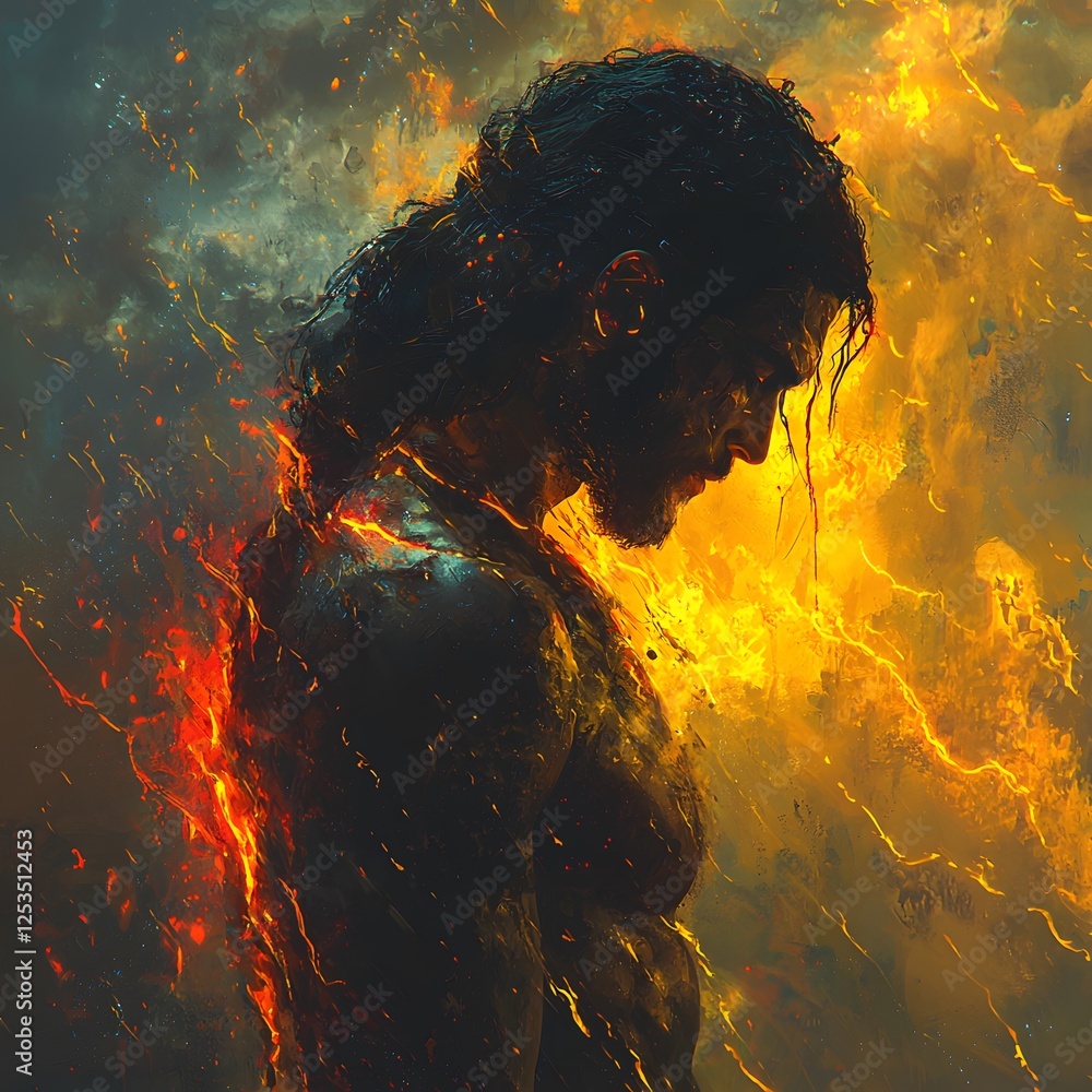 Aufkleber prometheus depicted in concept art set in ancient greece evoking a fierce mood illuminated by dramat