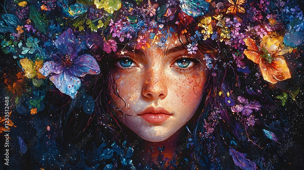 Poster Aphrodite depicted in Concept art set in Mystical forest evoking a Mysterious mood illuminated by Celestial light with a Portrait hyper-detailed vibrant colors intricate details