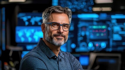 innovative corporate solutions. Professional man with glasses in a tech control room setting.