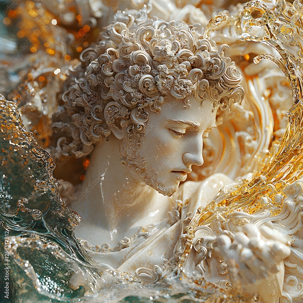 Poster orpheus depicted in sculpture set in deep ocean evoking a regal mood illuminated by golden hour with