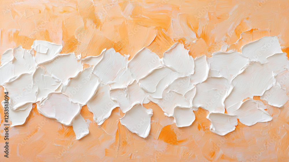 Aufkleber Abstract textured painting with white palette knife strokes on soft orange background, creating dynamic and artistic composition