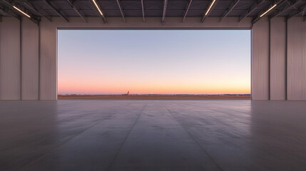 Empty hangar at sunset, airfield view. Use Industrial real estate