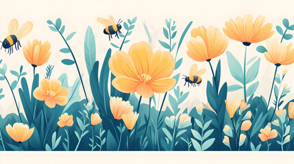 Bees flying over yellow flowers growing in a lush meadow, ideal for spring-themed illustrations or nature-inspired graphics