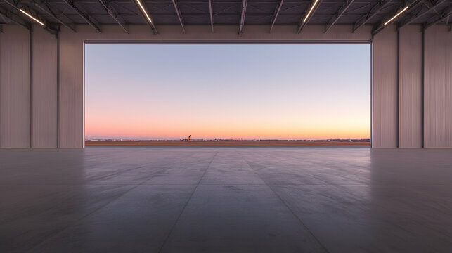 Empty hangar at sunset, airfield view. Use Industrial real estate