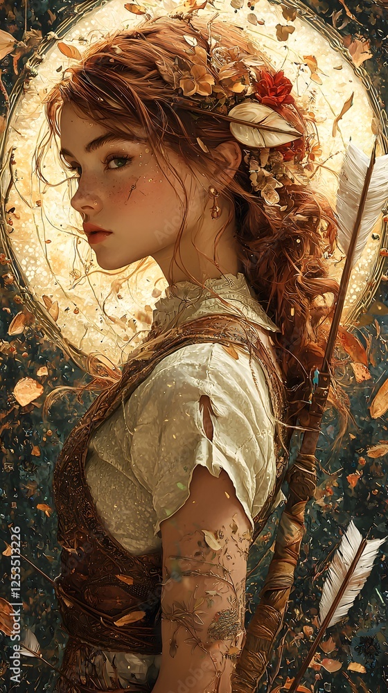 Aufkleber artemis depicted in digital painting set in mount olympus evoking a melancholic mood illuminated by 