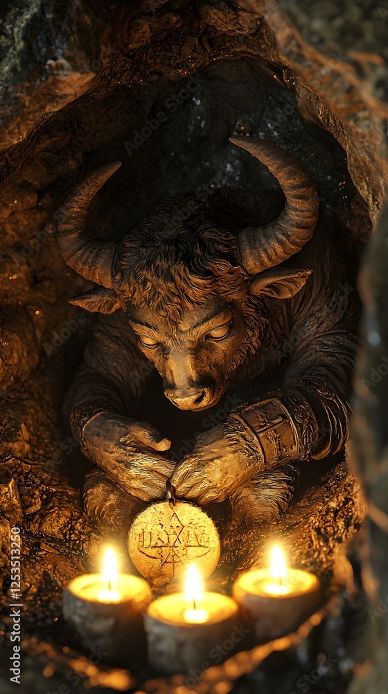 Poster minotaur depicted in sculpture set in labyrinth evoking a tragic mood illuminated by candlelit with 