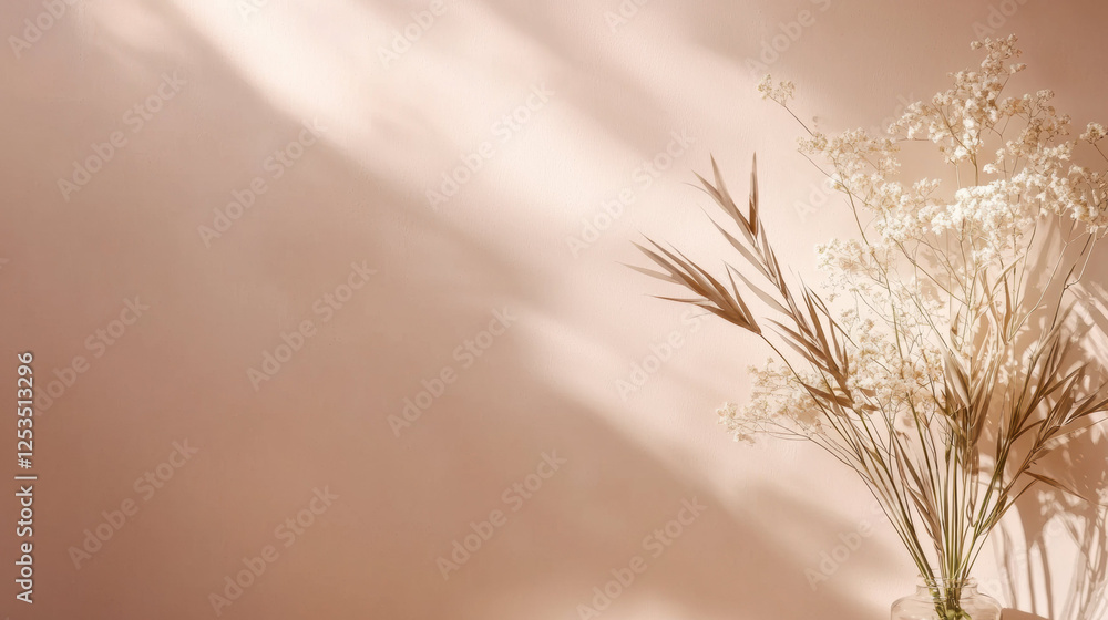 Poster soft peach toned background with delicate dried flowers and grasses in vase, creating serene and minimalistic aesthetic with gentle natural light