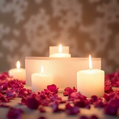 Romantic Candlelit Setting with Rose Petals and Blank Card