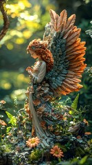 Obraz premium Pandora depicted in Sculpture set in Heavenly garden evoking a Melancholic mood illuminated by Bright sunlight with a Bird's-eye view hyper-detailed vibrant colors intricate details