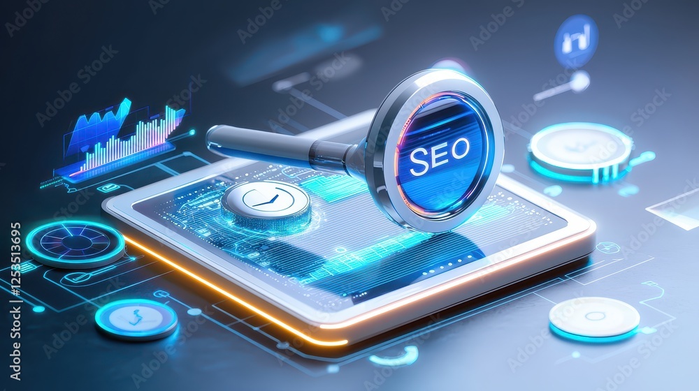 Poster a minimal ai-powered seo optimizer improving search visibility, with keyword tracking graphs and fut