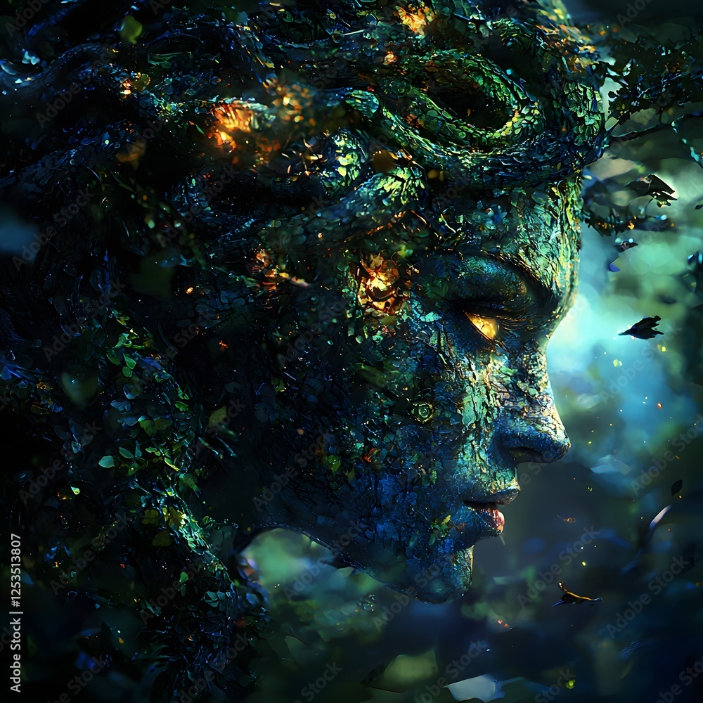 Poster medusa depicted in digital painting set in mystical forest evoking a serene mood illuminated by dram