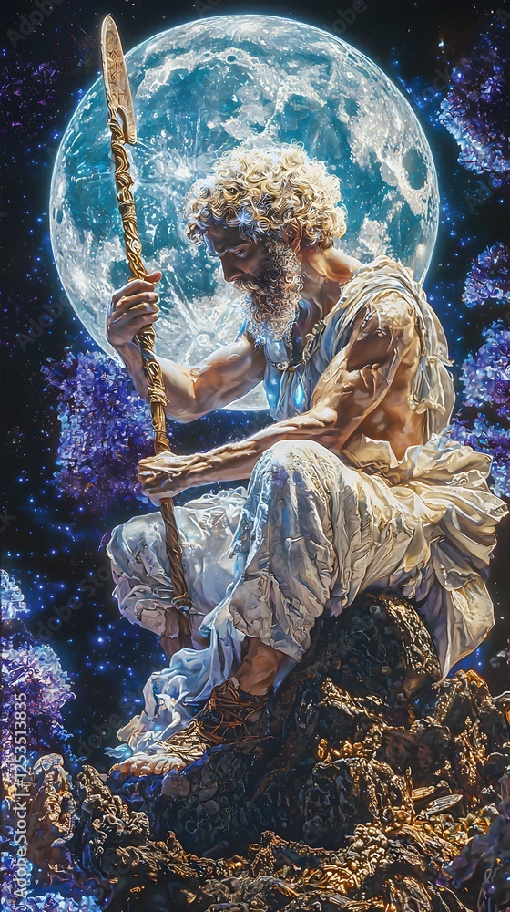 Poster theseus depicted in photorealism set in celestial sky evoking a heroic mood illuminated by biolumine