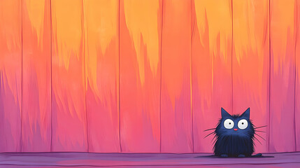Cartoon black kitten sitting on wooden floor with purple shadows, golden light backdrop. For children's books, wallpapers or educational materials