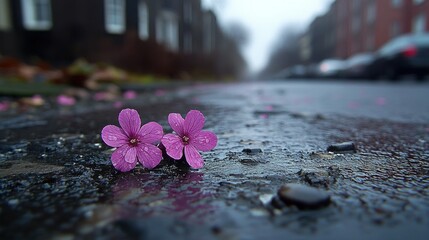 Rainy Day Delicates: Two Pink Flowers on a Wet City Street