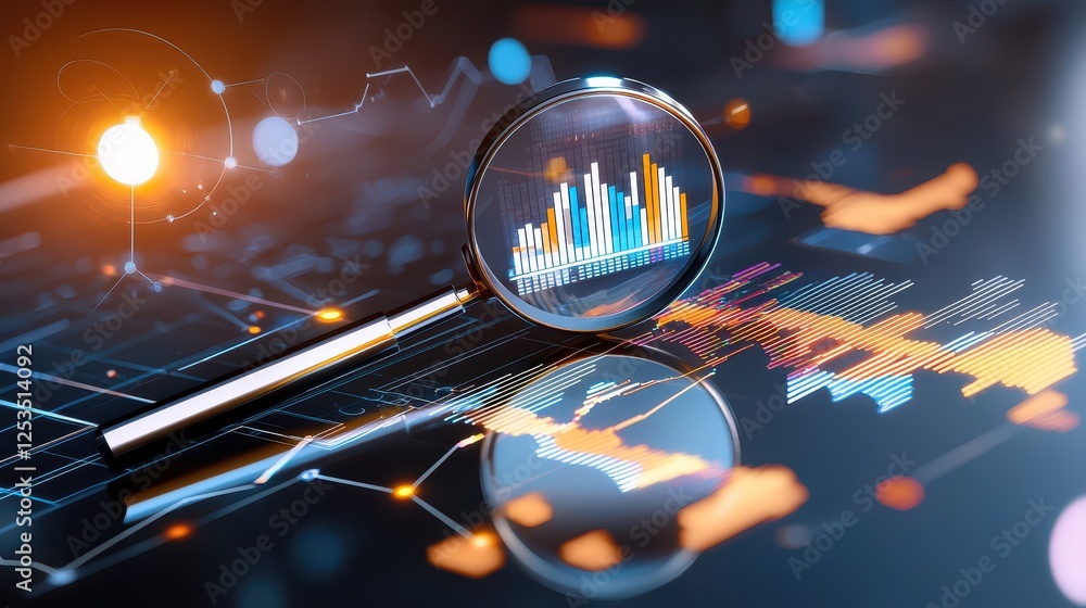 Poster a minimalist magnifying glass hovering over a predictive trend chart, symbolizing ai-driven foresigh