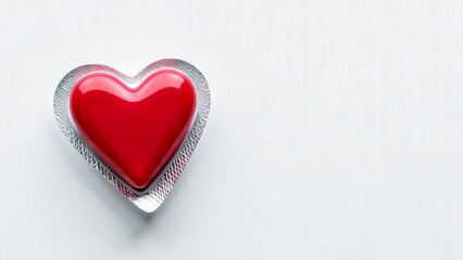Obraz premium Red heart-shaped pill packed in a blister on a white background with blank space for text. Medical care. Valentine's Day
