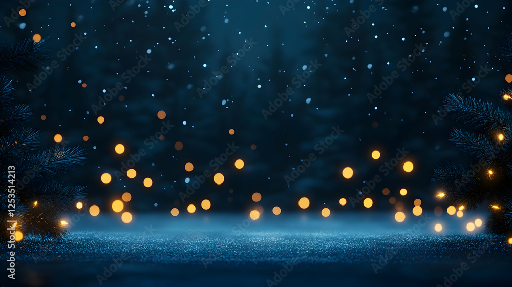 Poster christmas backdrop with lights in forest at night, for product display & festive presentations with 