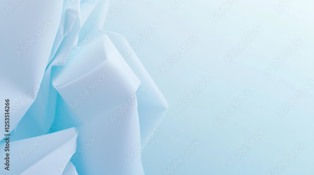 Poster soft abstract composition featuring folded translucent shapes in light blue tones, blending seamlessly into subtle gradient background transitioning from light blue to white
