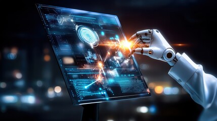 A minimalistic floating data interface displaying predictive analytics metrics, surrounded by AI neural network graphics.