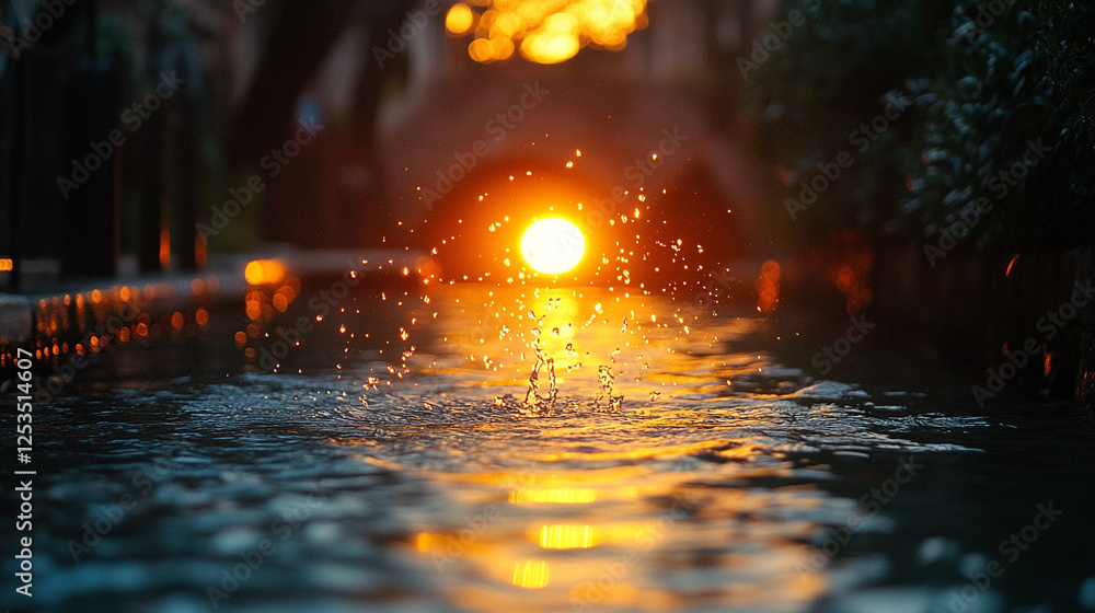 Poster sunlight reflecting on water as droplets splash during twilight in a tranquil setting